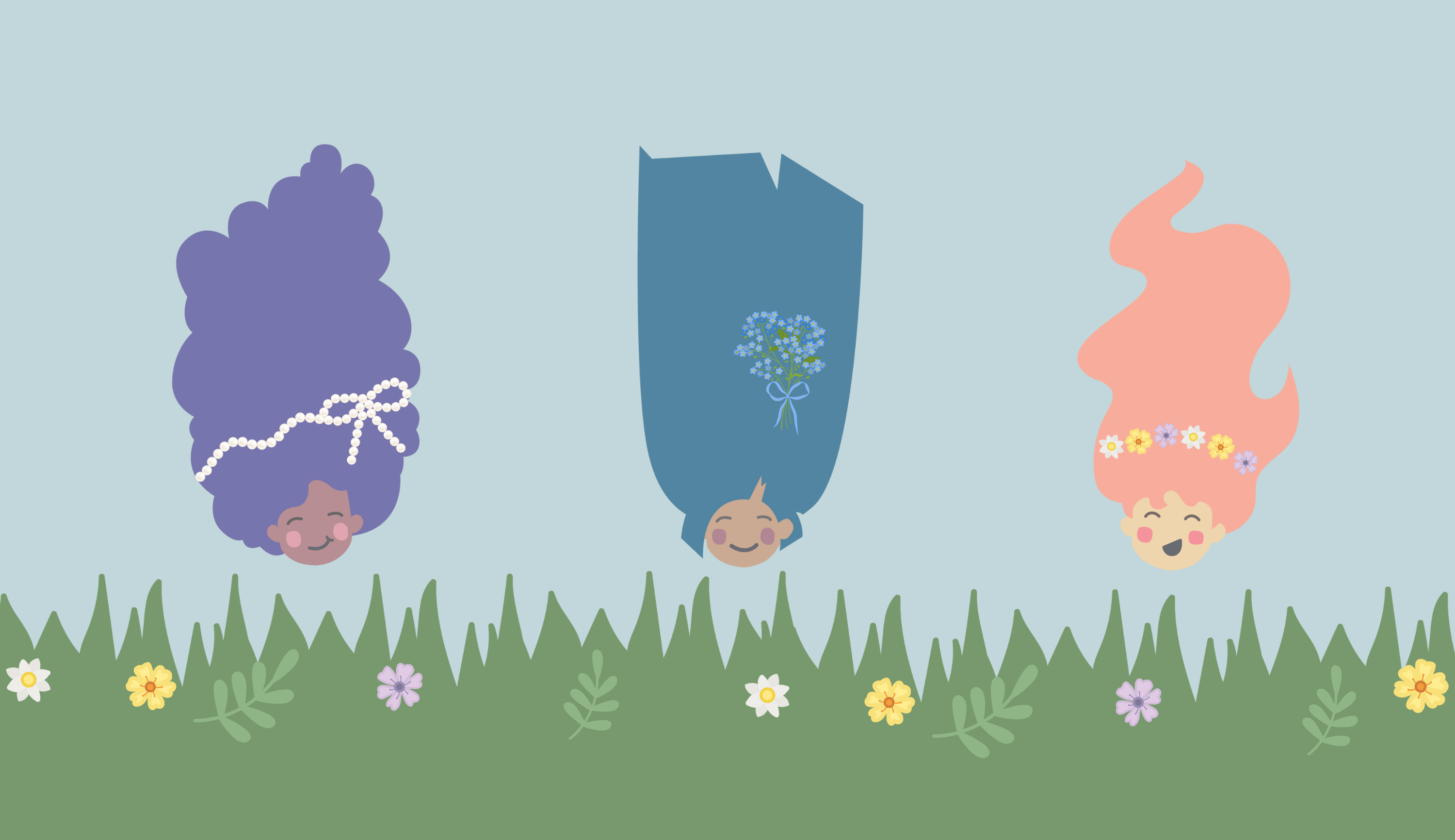 Three Twiddl characters with different hairstyles on a grassy background with spring flowers