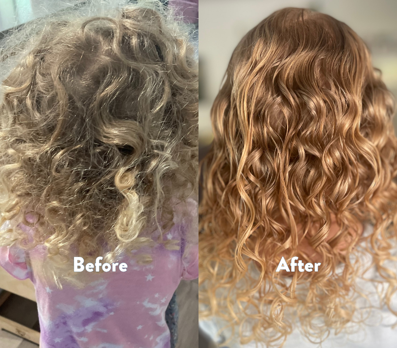 A side-by-side before and after comparison of curly hair, detangled using the Twiddl detangler. The left side labeled 'Before' shows frizzy, dry, and medium blonde curly hair.