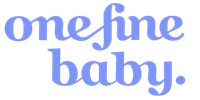 The text 'onefine baby.' is written in a light blue handwritten-style font on a solid white background.